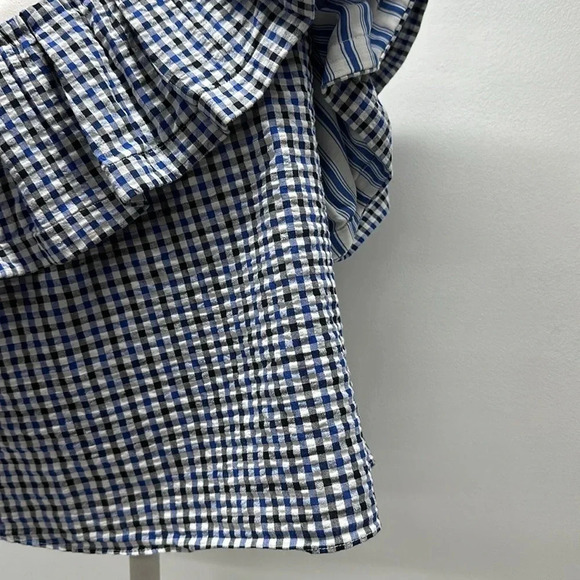 Misa Blouse One Shoulder Top Ruffled Blouse Gingham Plaid  Blue White Size Small - Picture 7 of 10